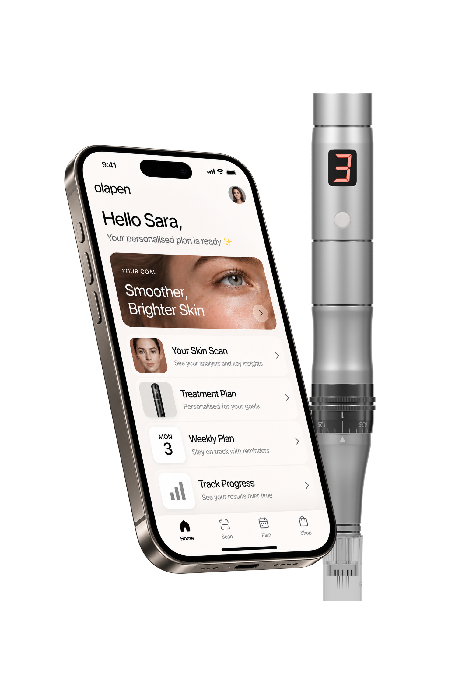 A personalised Olapen plan on a phone, with skin scan, treatment map, weekly plan and progress tracking